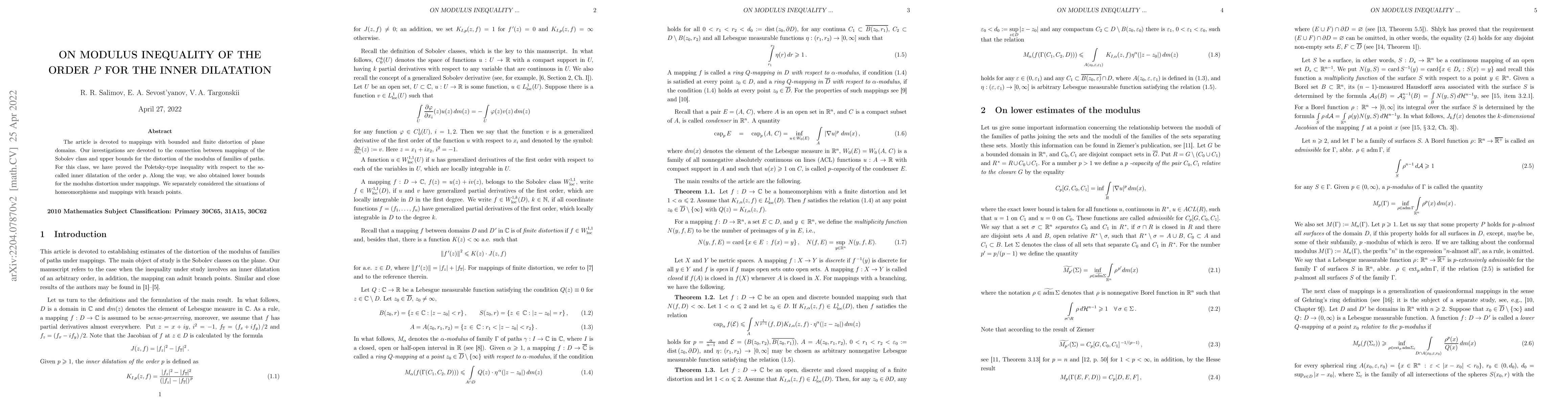 Thumbnail for On modulus inequality of the order $p$ for the inner dilatation