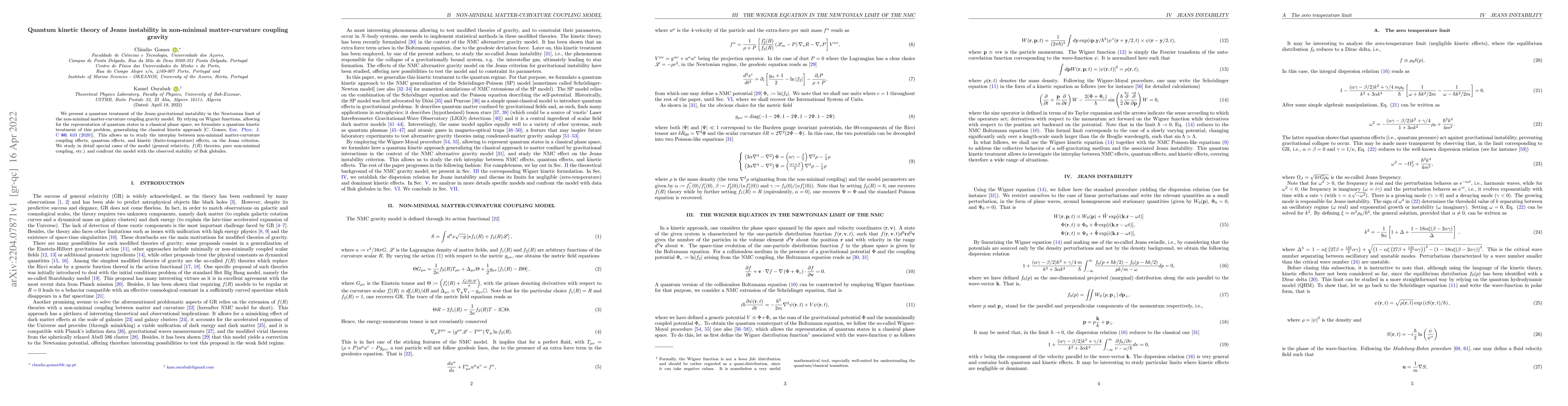 Thumbnail for Quantum kinetic theory of Jeans instability in non-minimal
  matter-curvature coupling gravity