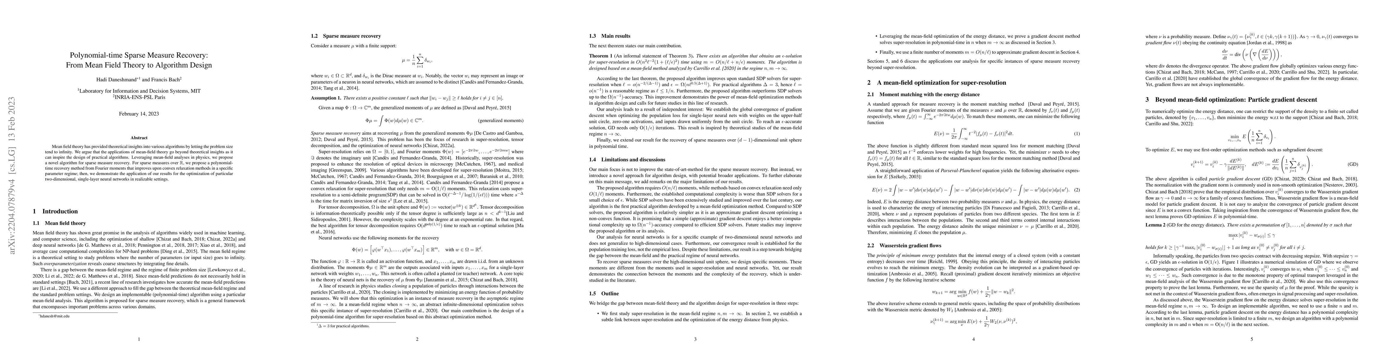 Thumbnail for Polynomial-time Sparse Measure Recovery: From Mean Field Theory to
  Algorithm Design