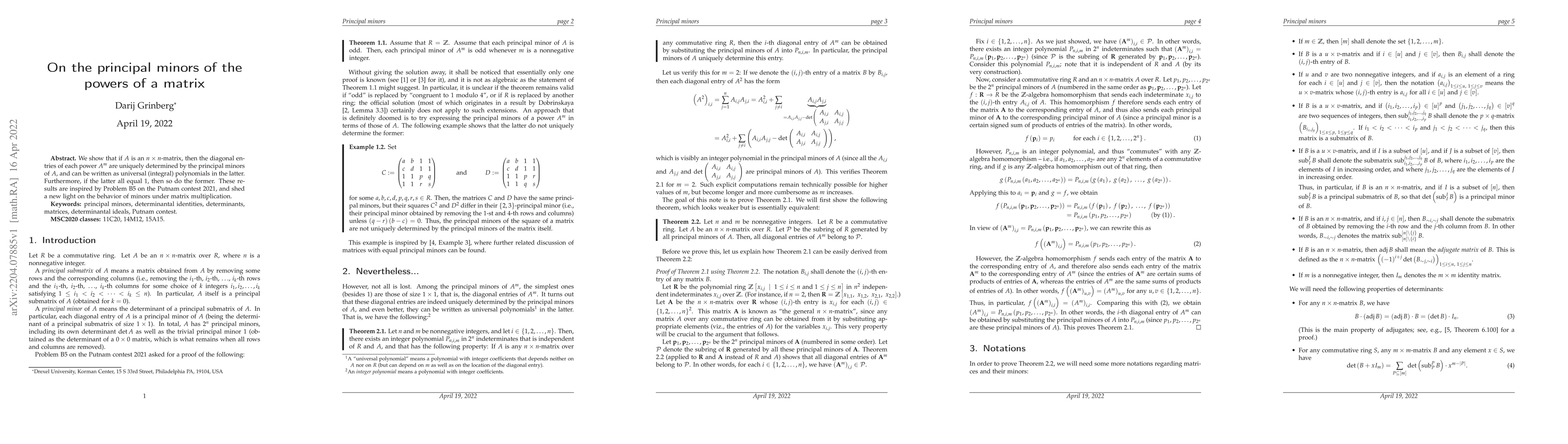 Thumbnail for On the principal minors of the powers of a matrix