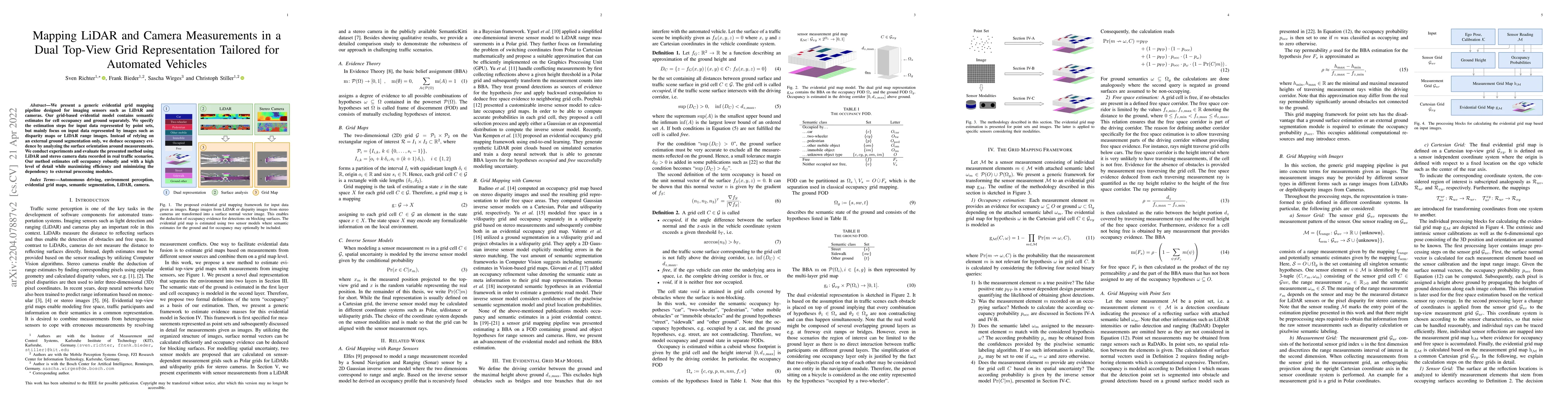 Thumbnail for Mapping LiDAR and Camera Measurements in a Dual Top-View Grid
  Representation Tailored for Automated Vehicles