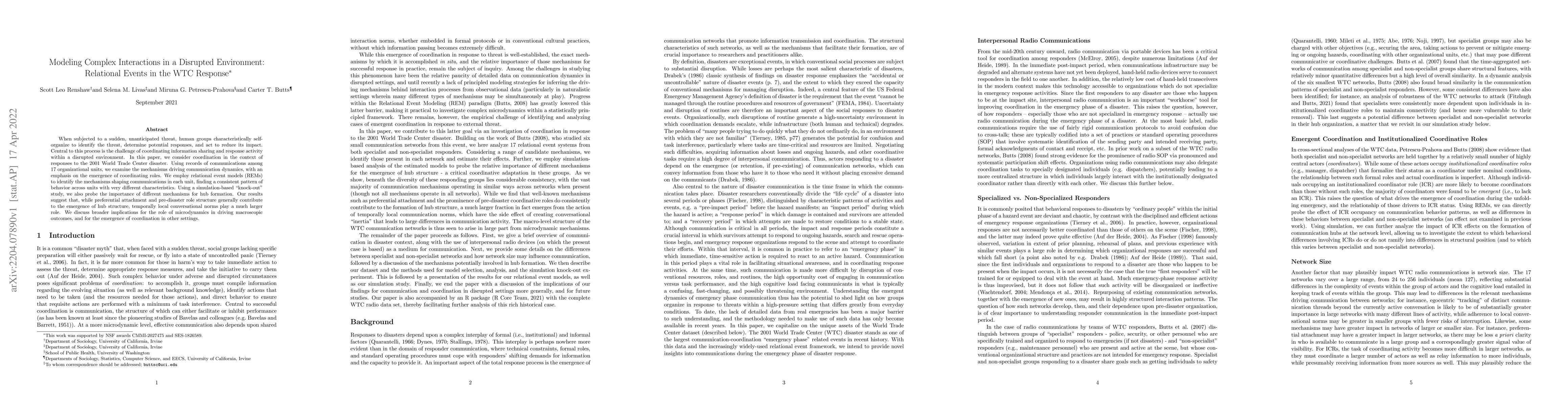 Thumbnail for Modeling Complex Interactions in a Disrupted Environment: Relational
  Events in the WTC Response