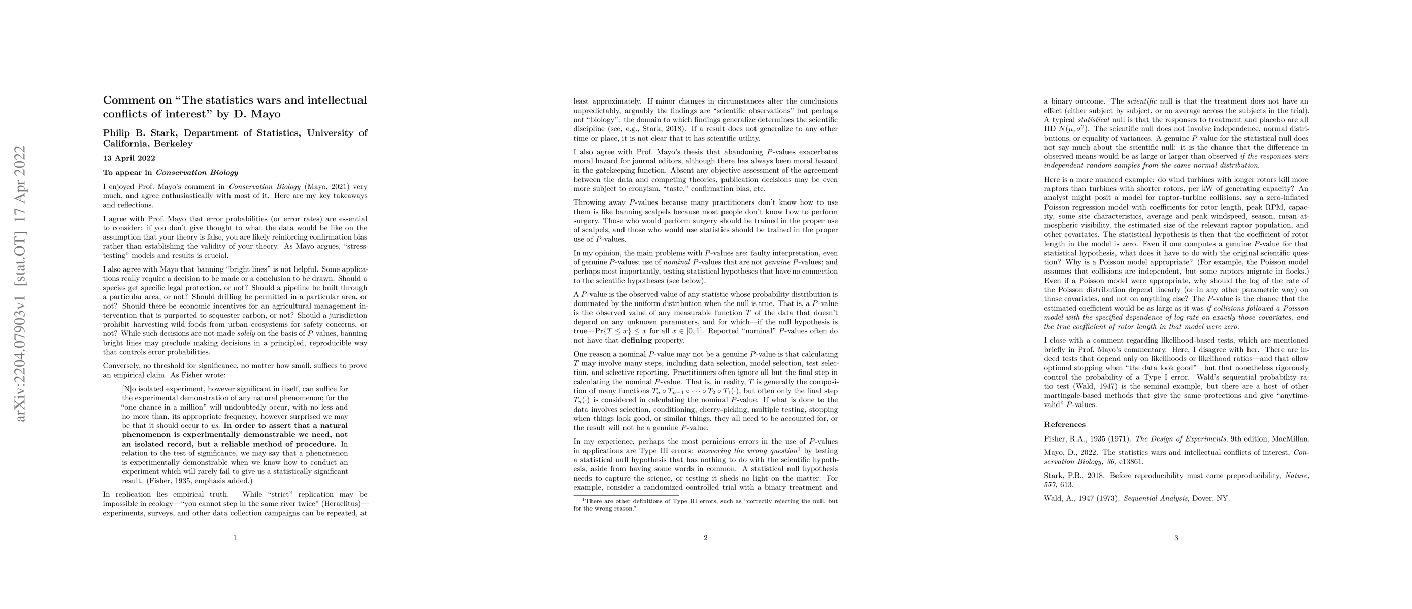 Thumbnail for Comment on "The statistics wars and intellectual conflicts of interest"
  by D. Mayo