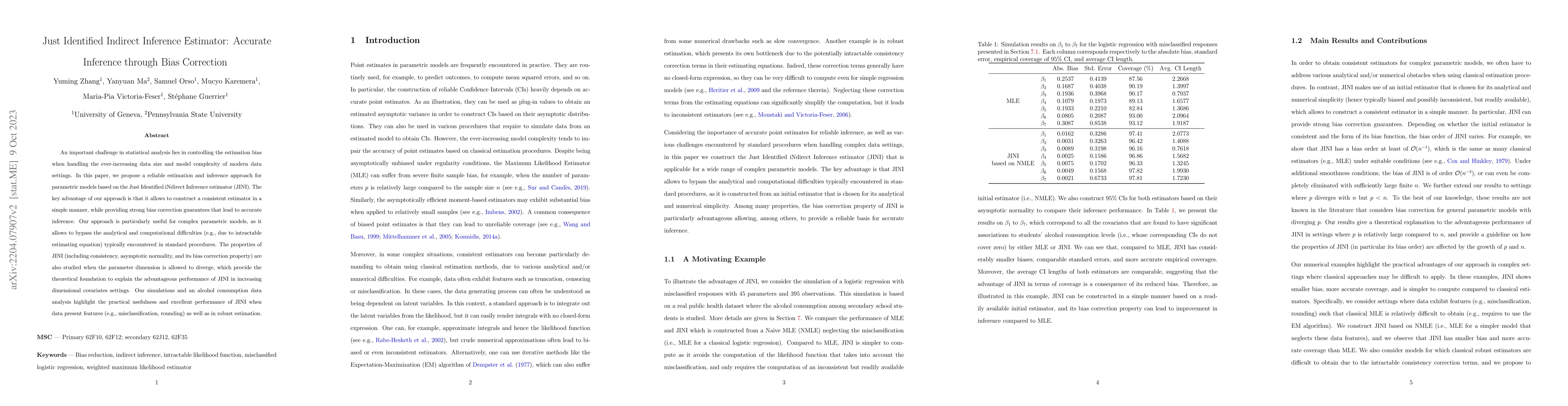 Thumbnail for Just Identified Indirect Inference Estimator: Accurate Inference through
  Bias Correction