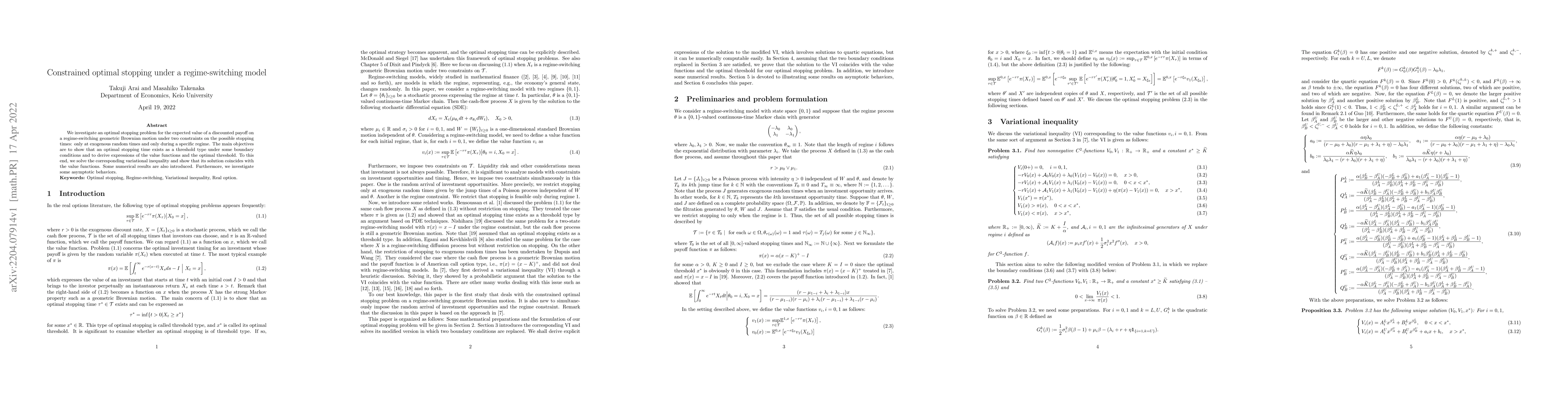 Thumbnail for Constrained optimal stopping under a regime-switching model