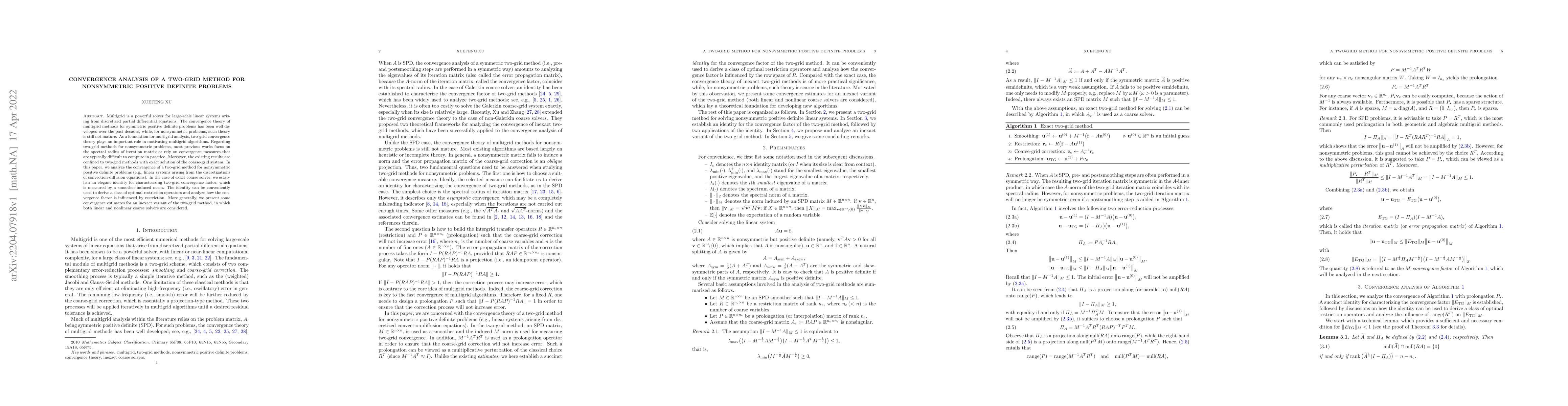 Thumbnail for Convergence analysis of a two-grid method for nonsymmetric positive
  definite problems
