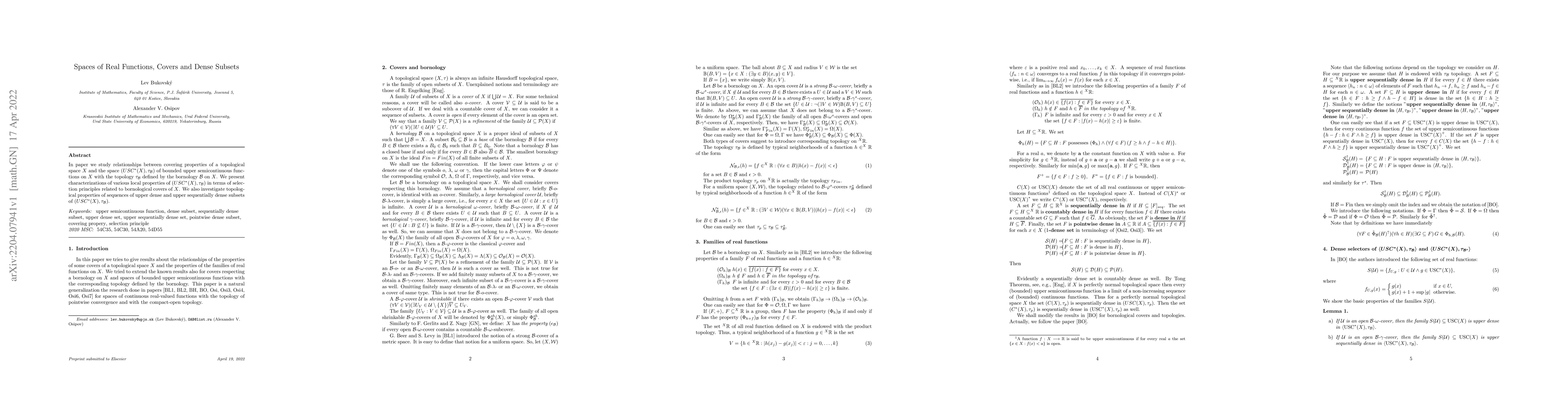 Thumbnail for Spaces of Real Functions, Covers and Dense Subsets