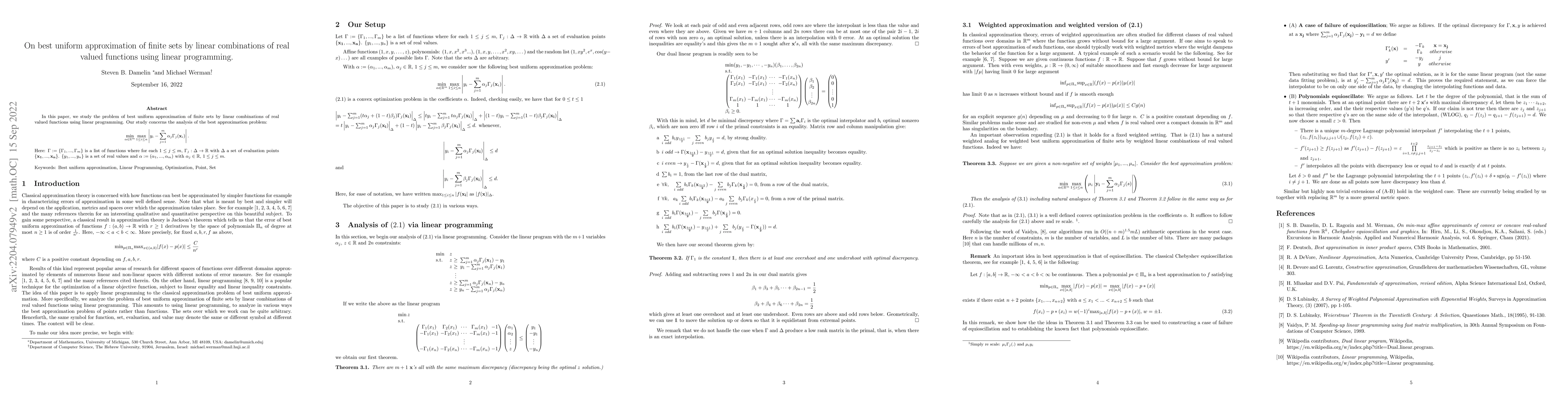 Thumbnail for On best uniform approximation of finite sets by linear combinations of
  real valued functions using linear programming