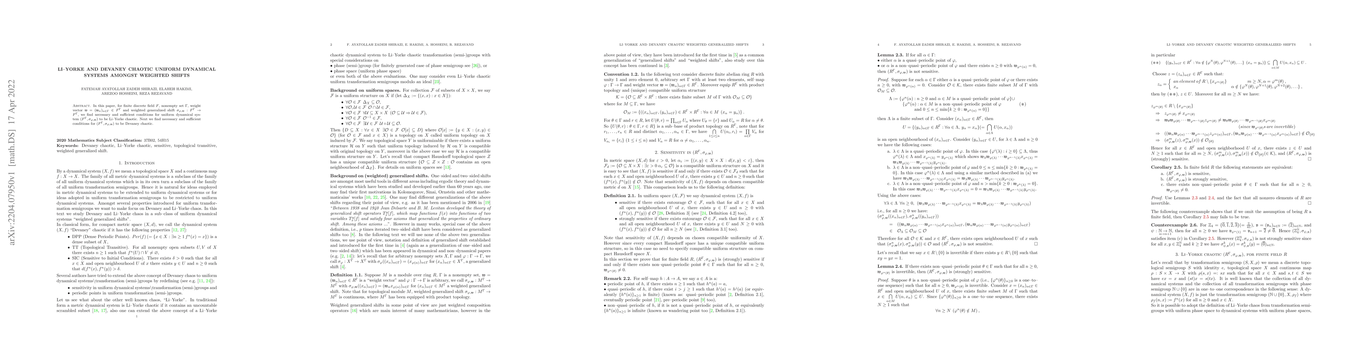 Thumbnail for Li-Yorke and Devaney chaotic uniform dynamical systems amongst weighted
  shifts