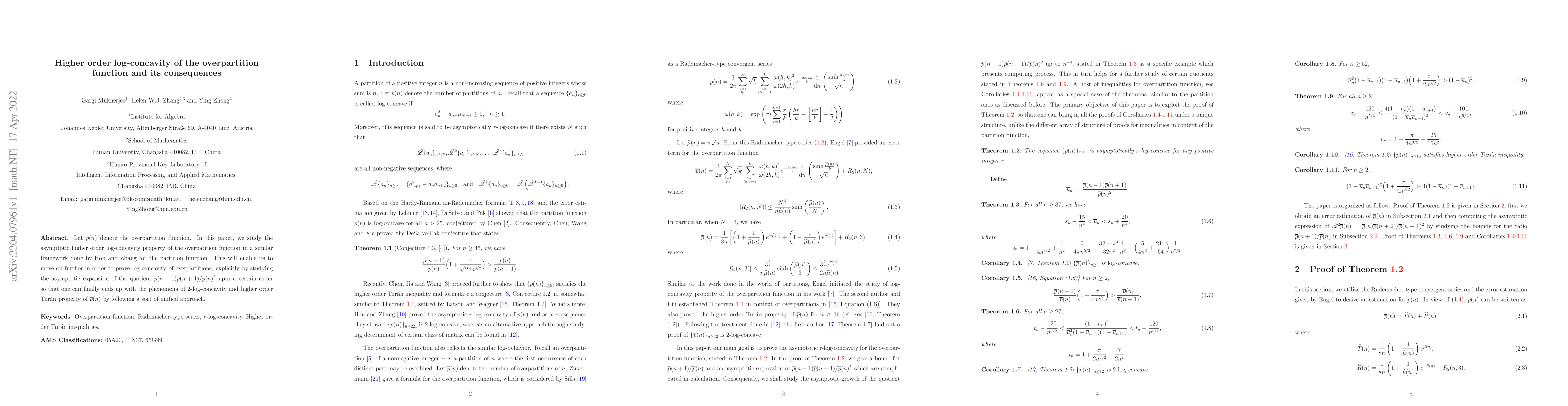 Thumbnail for Higher order log-concavity of the overpartition function and its
  consequences