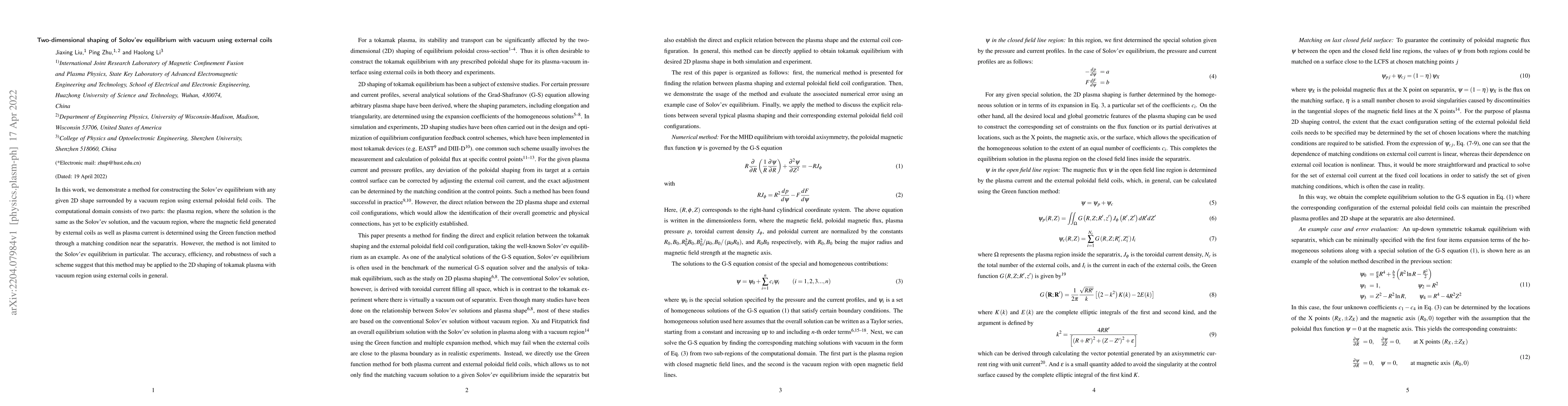 Thumbnail for Two-dimensional shaping of Solov'ev equilibrium with vacuum using
  external coils