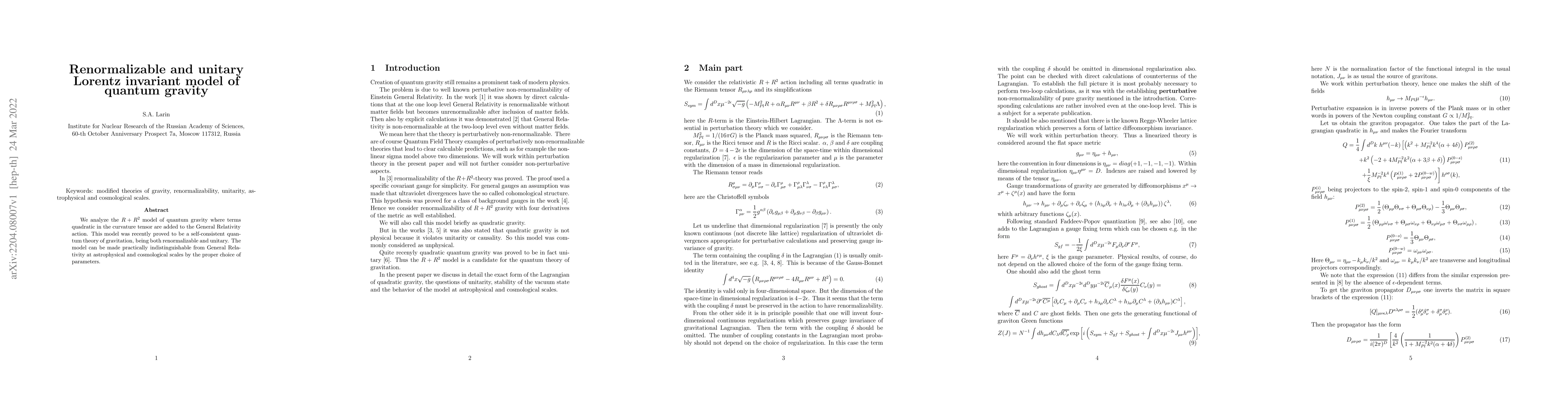 Thumbnail for Renormalizable and unitary Lorentz invariant model of quantum gravity
