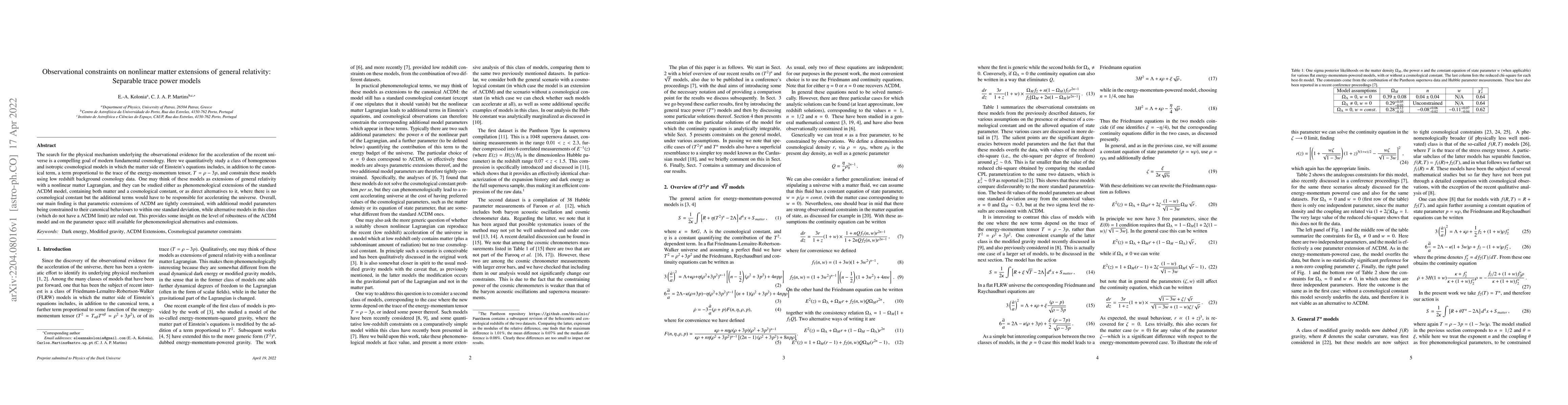 Thumbnail for Observational constraints on nonlinear matter extensions of general
  relativity: Separable trace power models