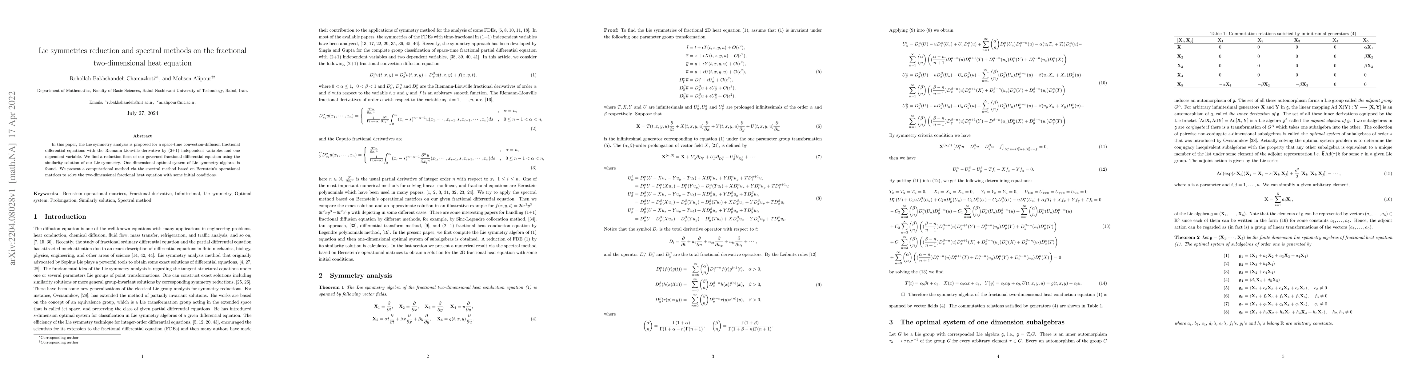 Thumbnail for Lie symmetries reduction and spectral methods on the fractional
  two-dimensional heat equation