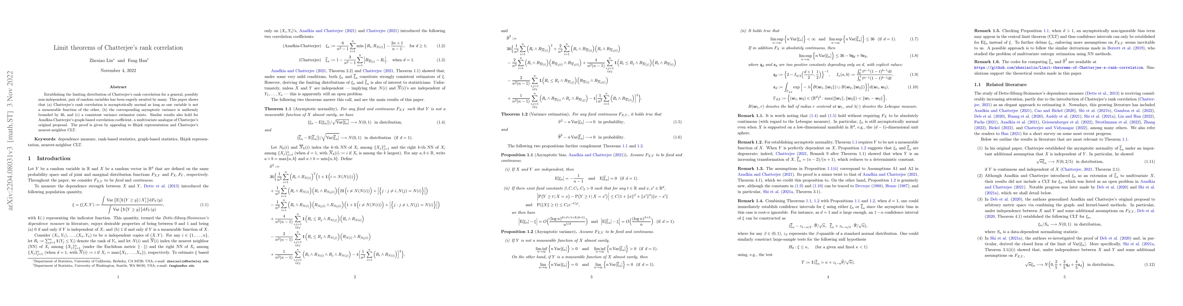 Thumbnail for Limit theorems of Chatterjee's rank correlation