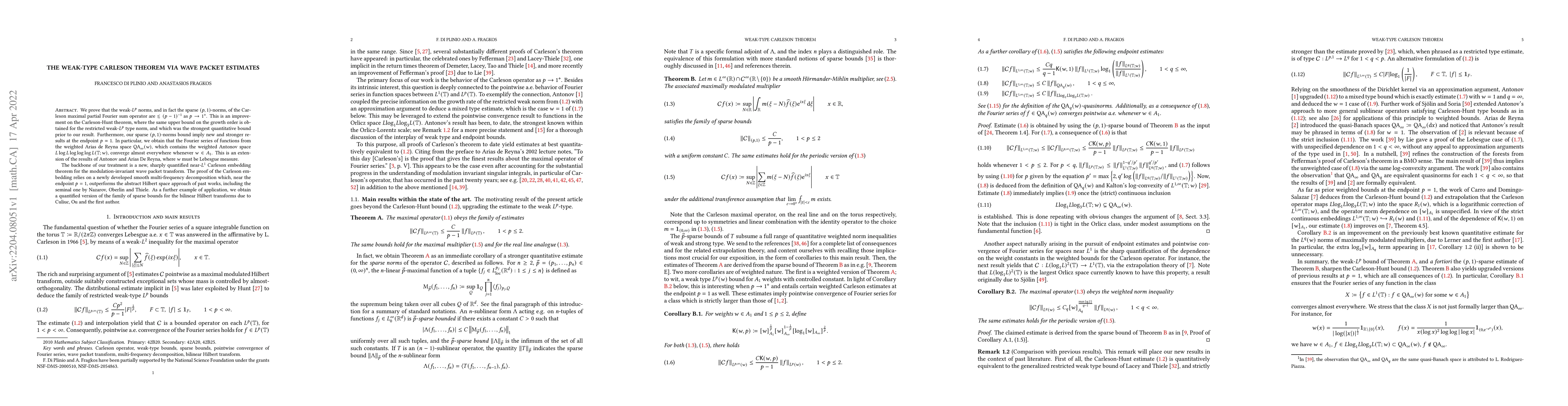 Thumbnail for The weak-type Carleson theorem via wave packet estimates