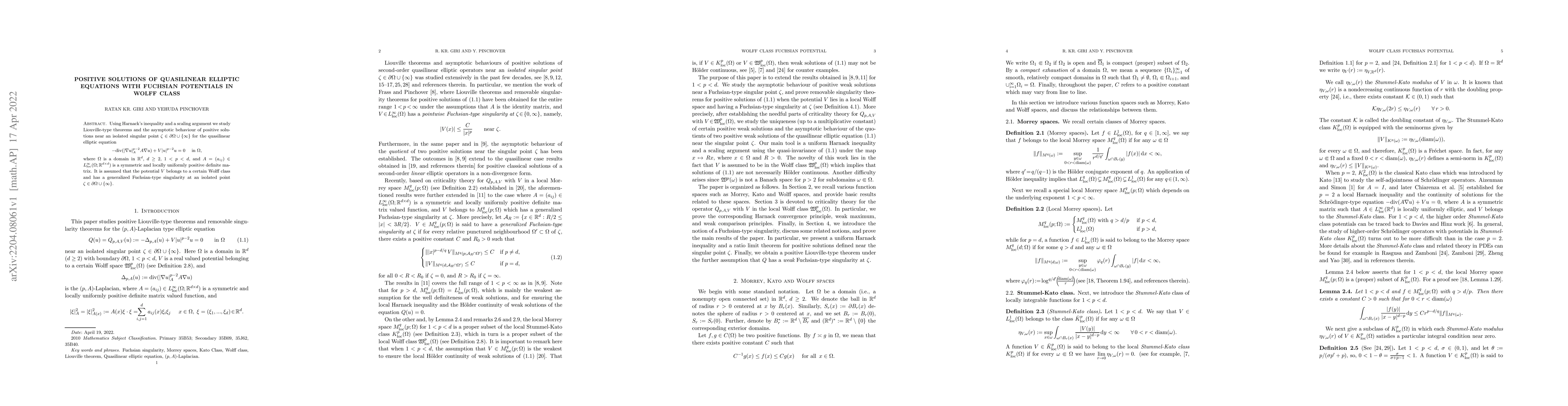 Thumbnail for Positive solutions of quasilinear elliptic equations with Fuchsian
  potentials in Wolff class