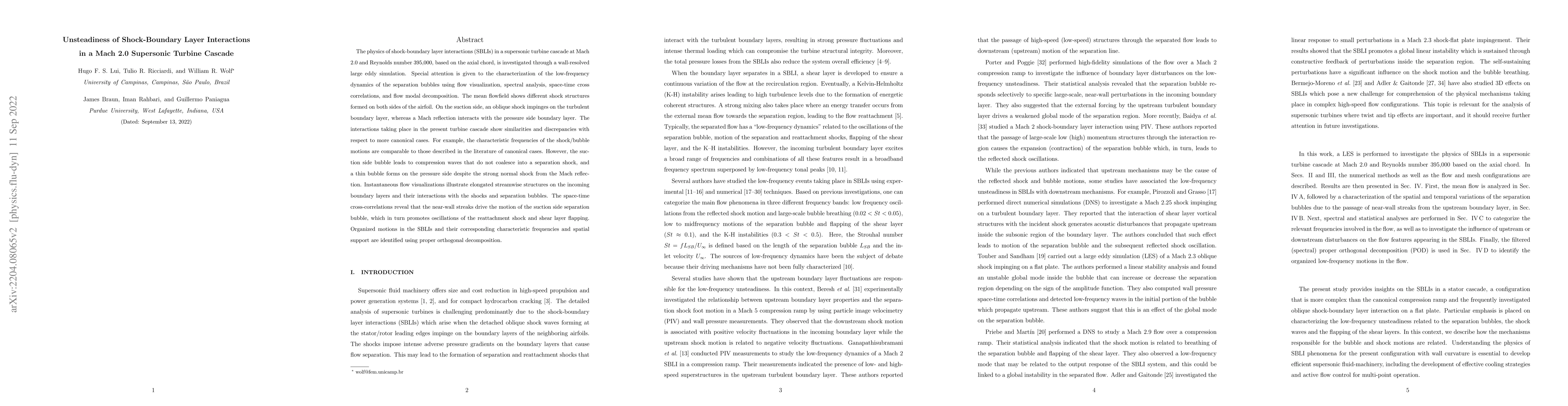 Thumbnail for Unsteadiness of Shock-Boundary Layer Interactions in a Mach 2.0
  Supersonic Turbine Cascade