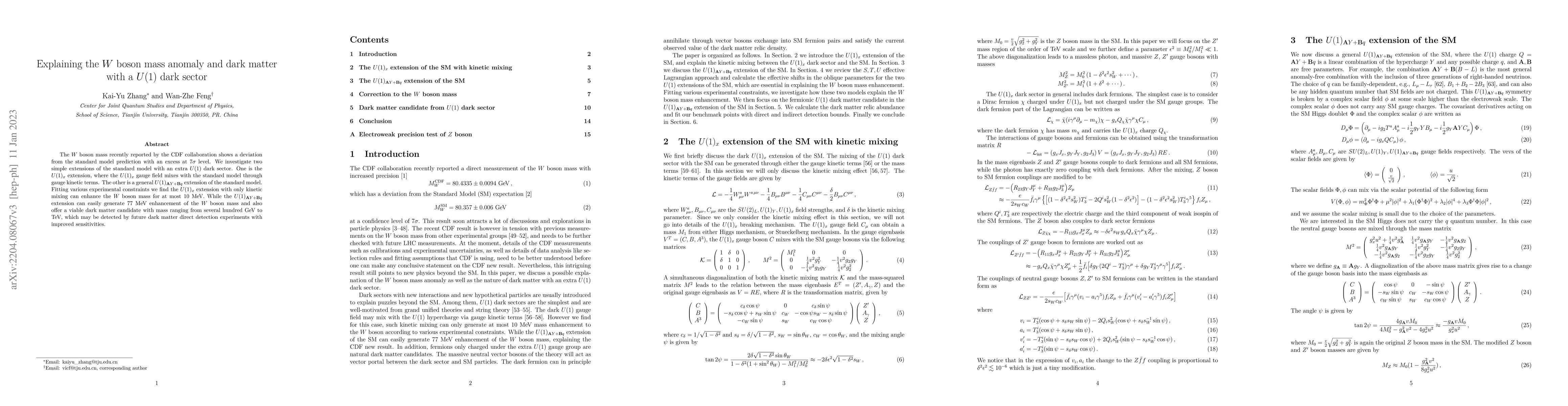 Thumbnail for Explaining the $W$ boson mass anomaly and dark matter with a $U(1)$ dark
  sector