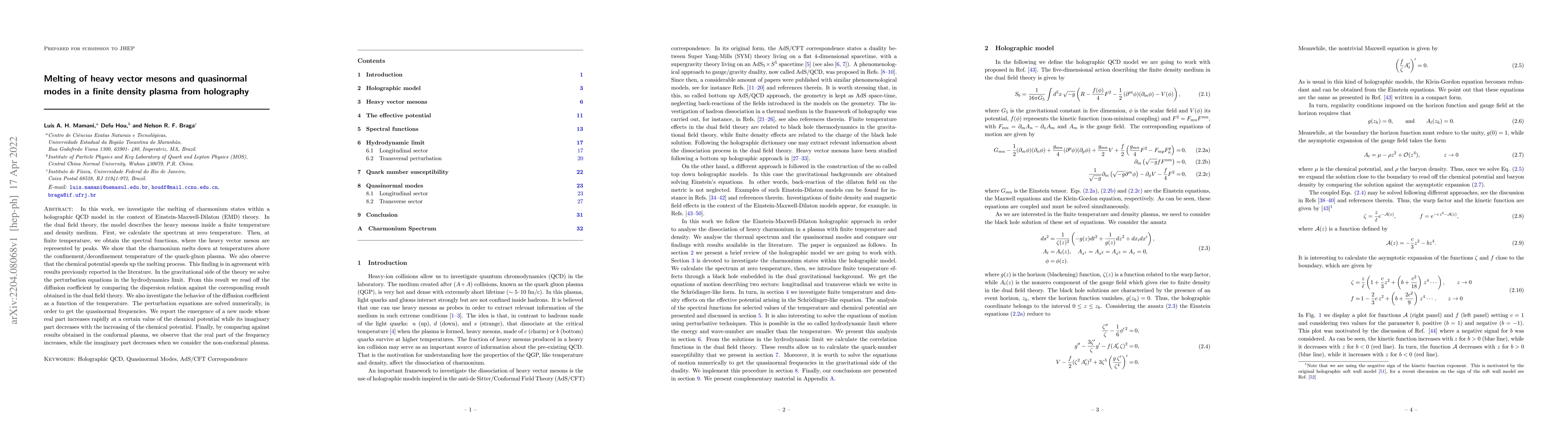 Thumbnail for Melting of heavy vector mesons and quasinormal modes in a finite density
  plasma from holography
