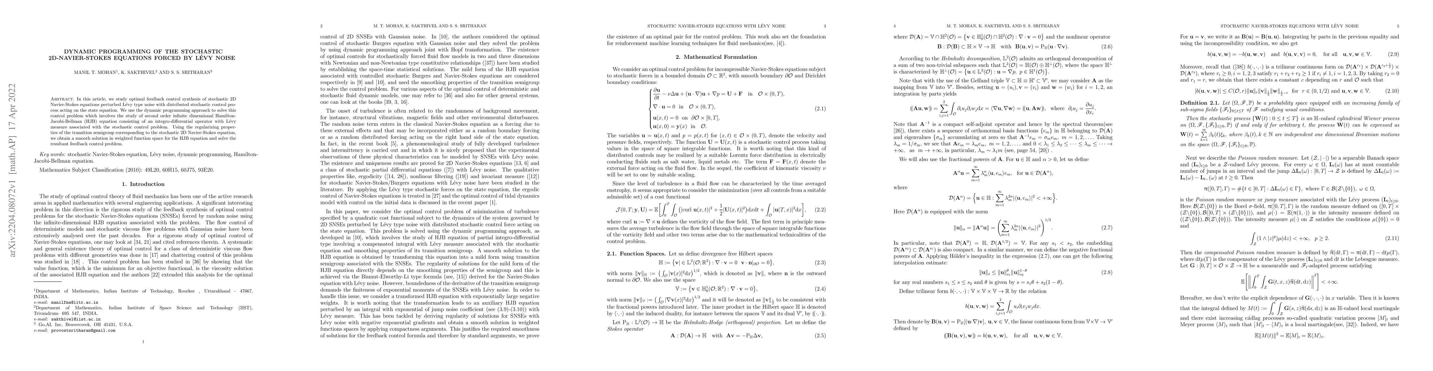 Thumbnail for Dynamic Programming of Stochastic 2-D Navier-Stokes Equations Forced by
  Levy Noise