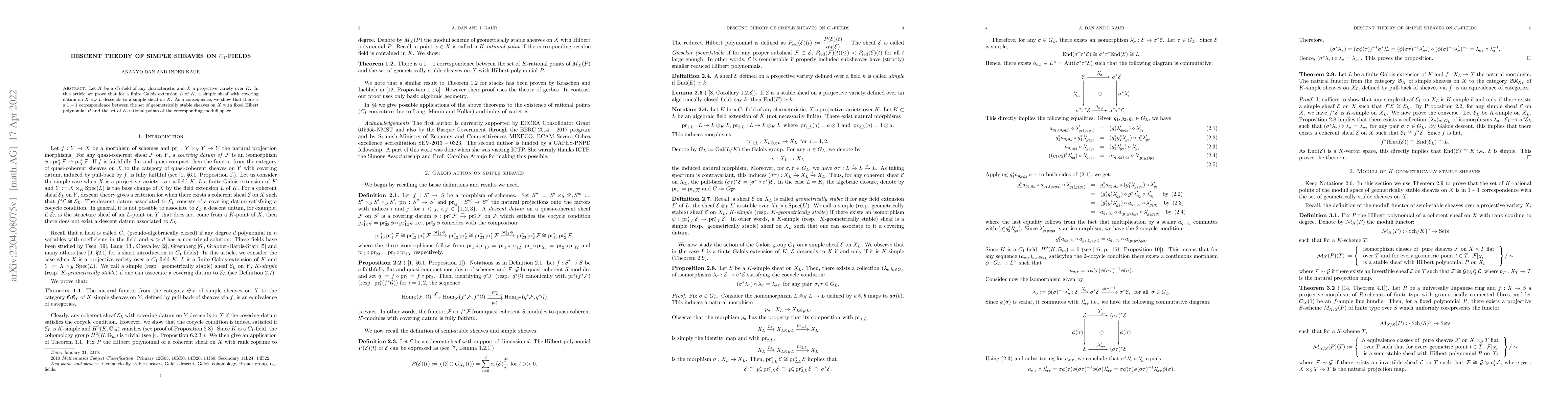 Thumbnail for Descent theory of simple sheaves on $C_1$-fields