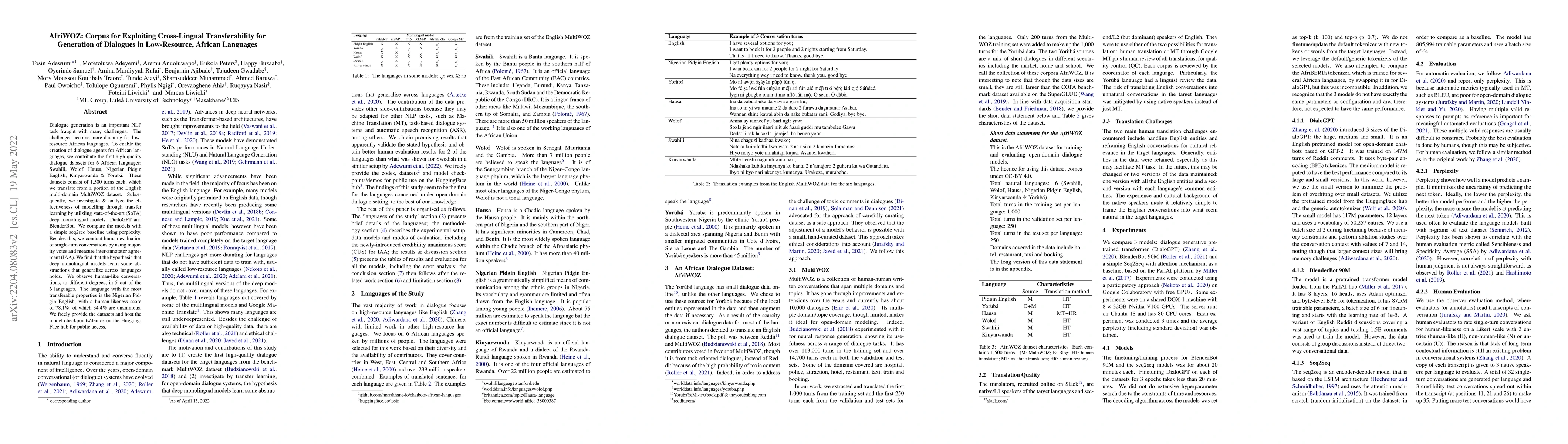 Thumbnail for AfriWOZ: Corpus for Exploiting Cross-Lingual Transferability for
  Generation of Dialogues in Low-Resource, African Languages