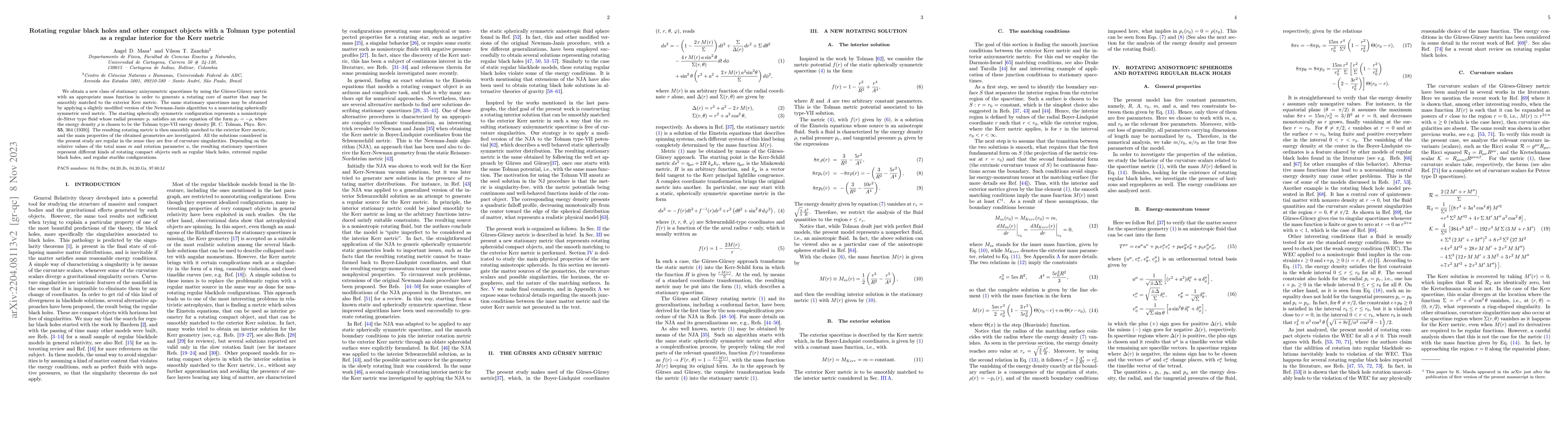 Thumbnail for Rotating regular black holes and other compact objects with a Tolman
  type potential as a regular interior for the Kerr metric