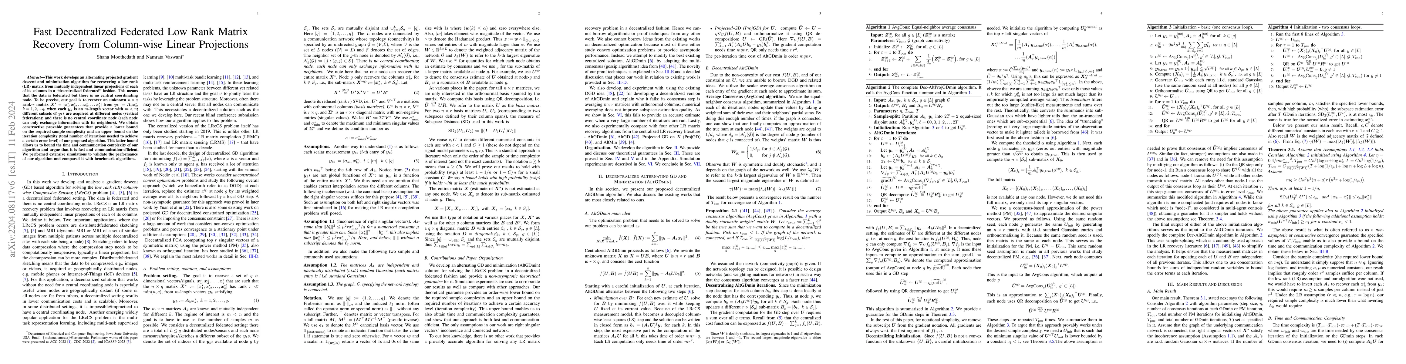 Thumbnail for Fast Decentralized Federated Low Rank Matrix Recovery from Column-wise
  Linear Projections