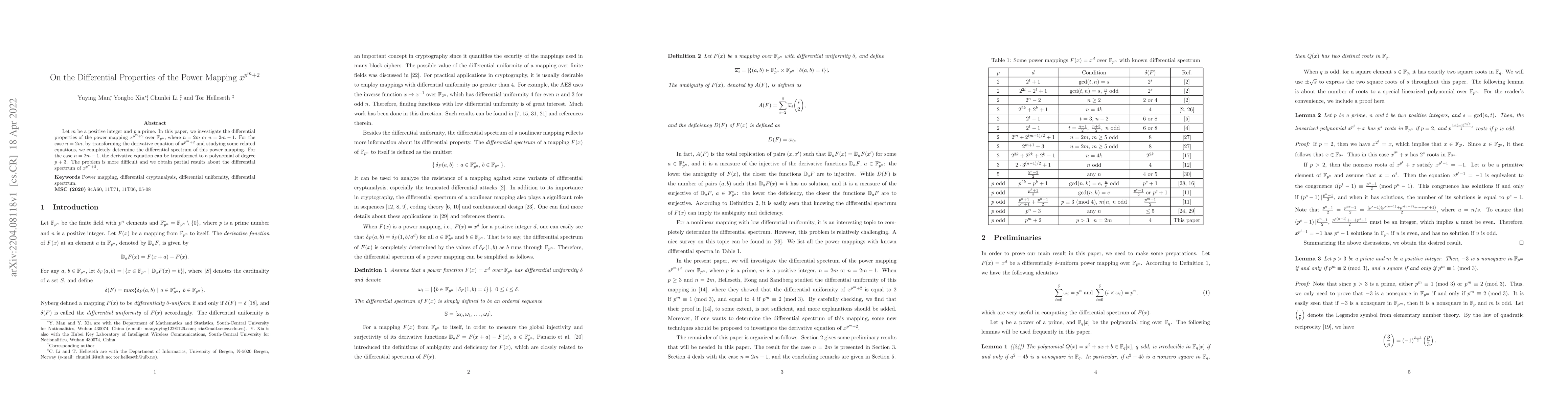 Thumbnail for On the Differential Properties of the Power Mapping $x^{p^m+2}$