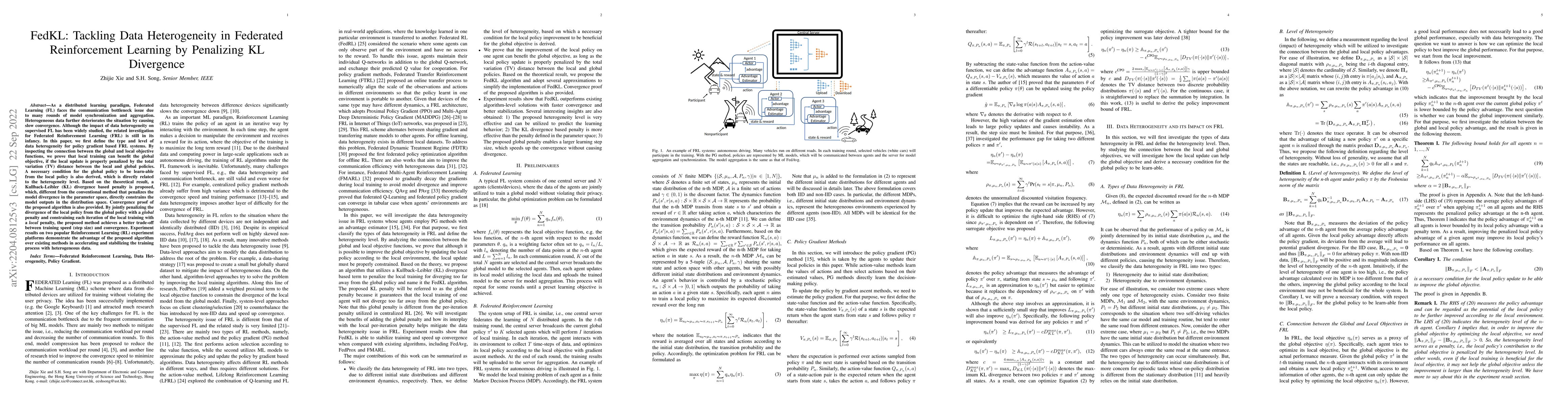 Thumbnail for FedKL: Tackling Data Heterogeneity in Federated Reinforcement Learning
  by Penalizing KL Divergence