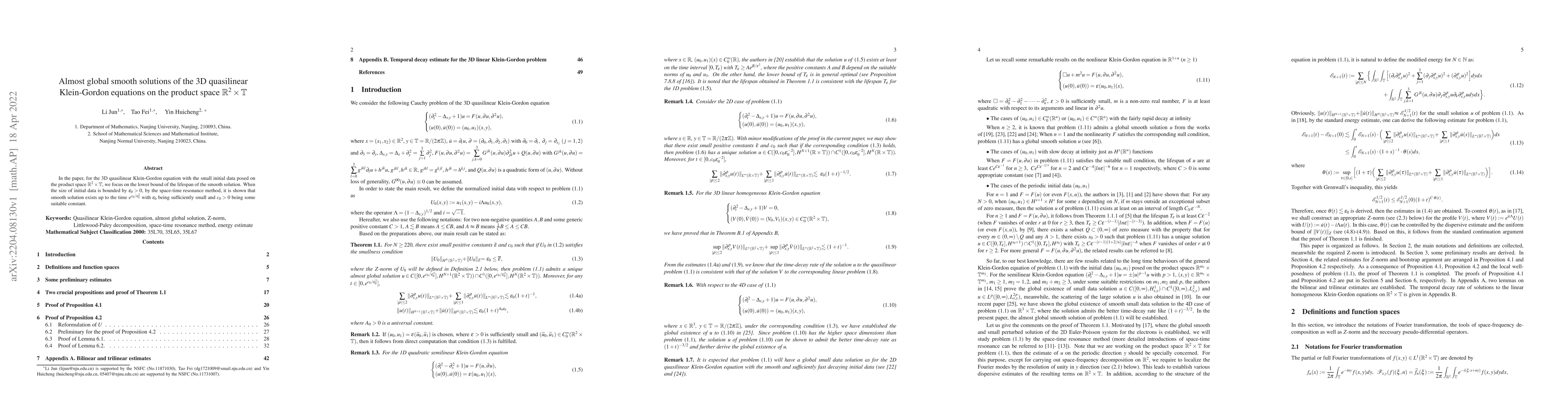 Thumbnail for Almost global smooth solutions of the 3D quasilinear Klein-Gordon
  equations on the product space $\mathbb{R}^{2}\times \mathbb{T}$