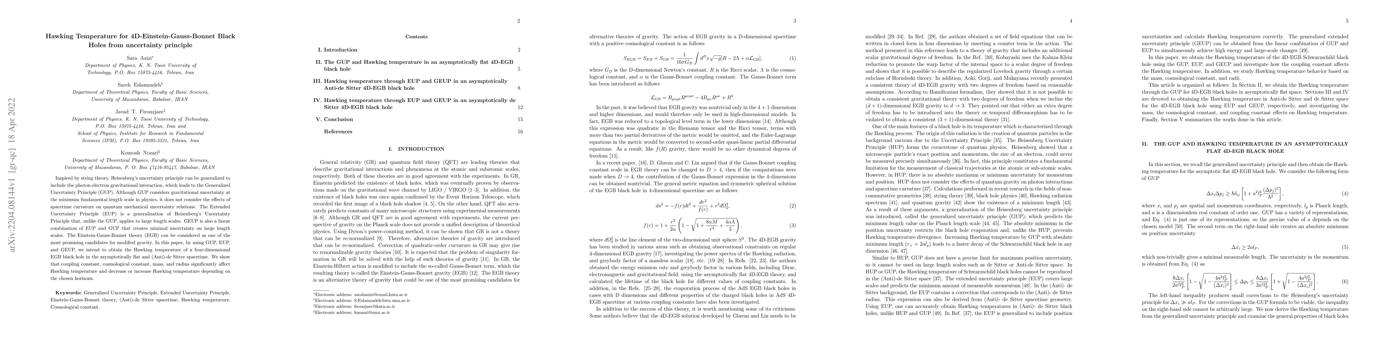 Thumbnail for Hawking Temperature for 4D-Einstein-Gauss-Bonnet Black Holes from
  uncertainty principle