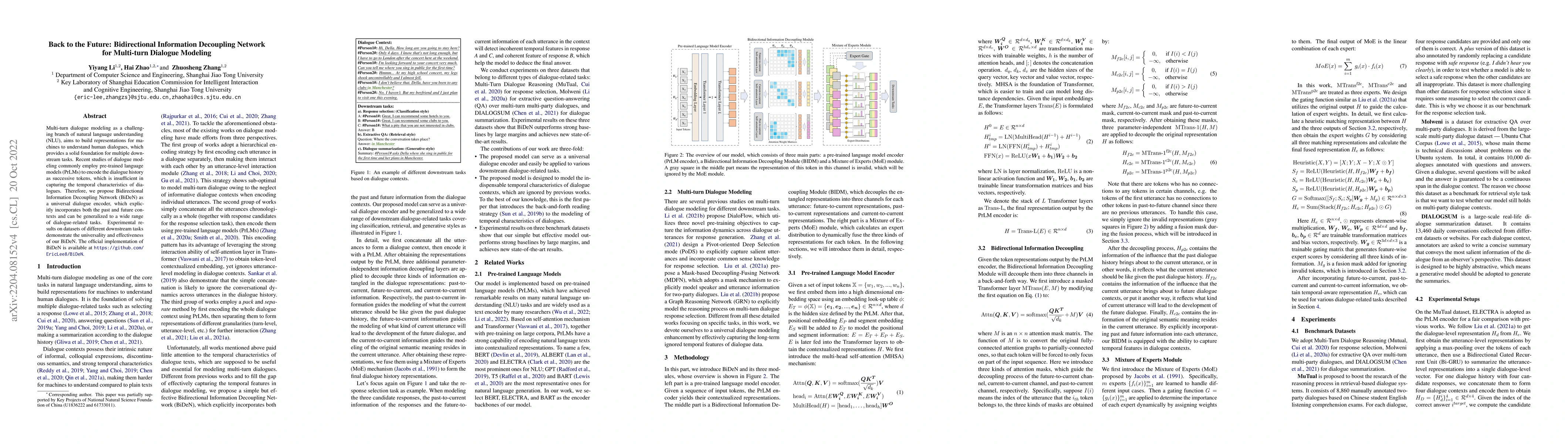 Thumbnail for Back to the Future: Bidirectional Information Decoupling Network for
  Multi-turn Dialogue Modeling