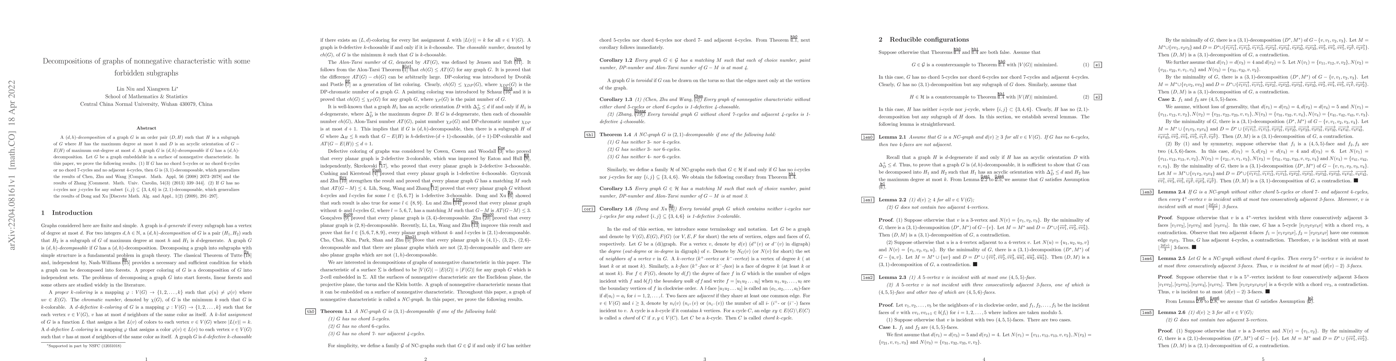 Thumbnail for Decompositions of graphs of nonnegative characteristic with some
  forbidden subgraphs