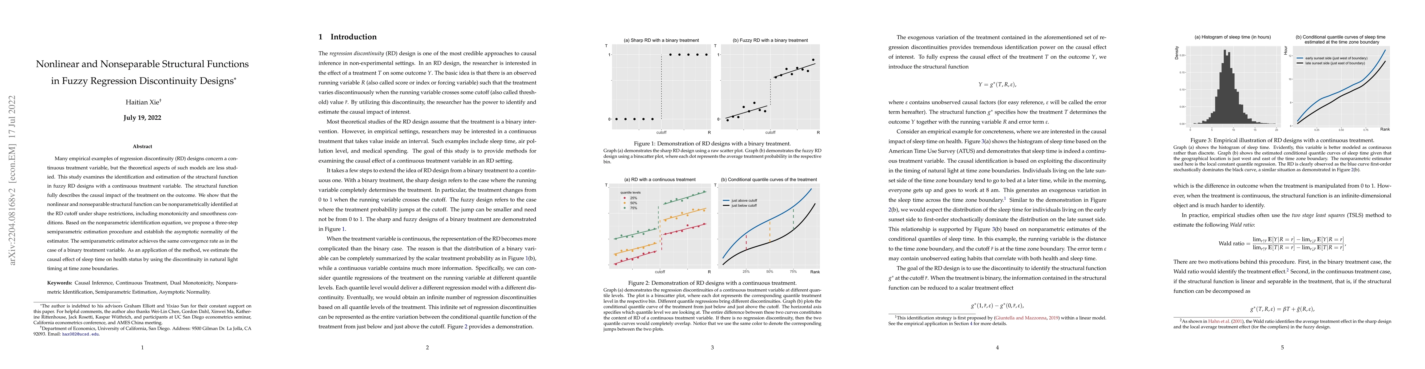 Thumbnail for Nonlinear and Nonseparable Structural Functions in Fuzzy Regression
  Discontinuity Designs