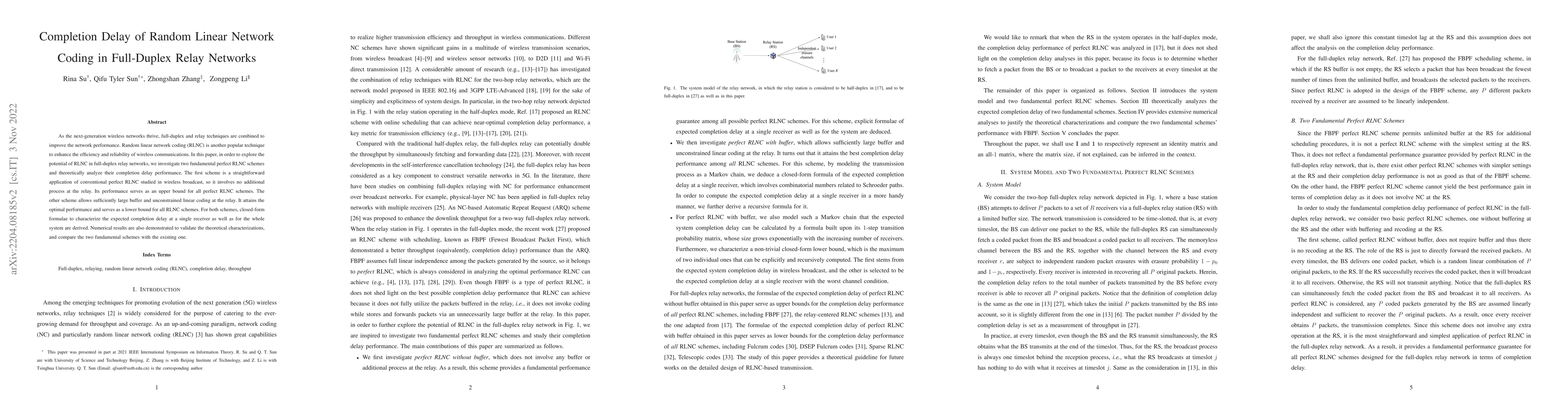 Thumbnail for Completion Delay of Random Linear Network Coding in Full-Duplex Relay
  Networks