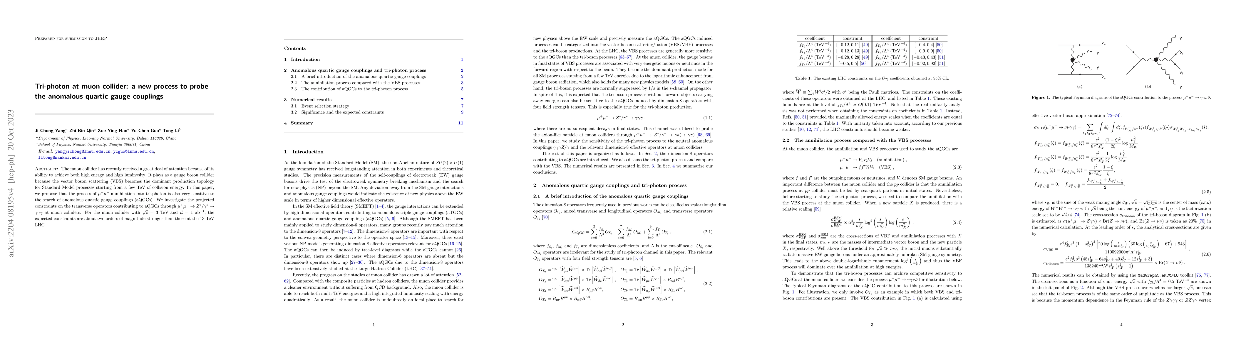 Thumbnail for Tri-photon at muon collider: a new process to probe the anomalous
  quartic gauge couplings