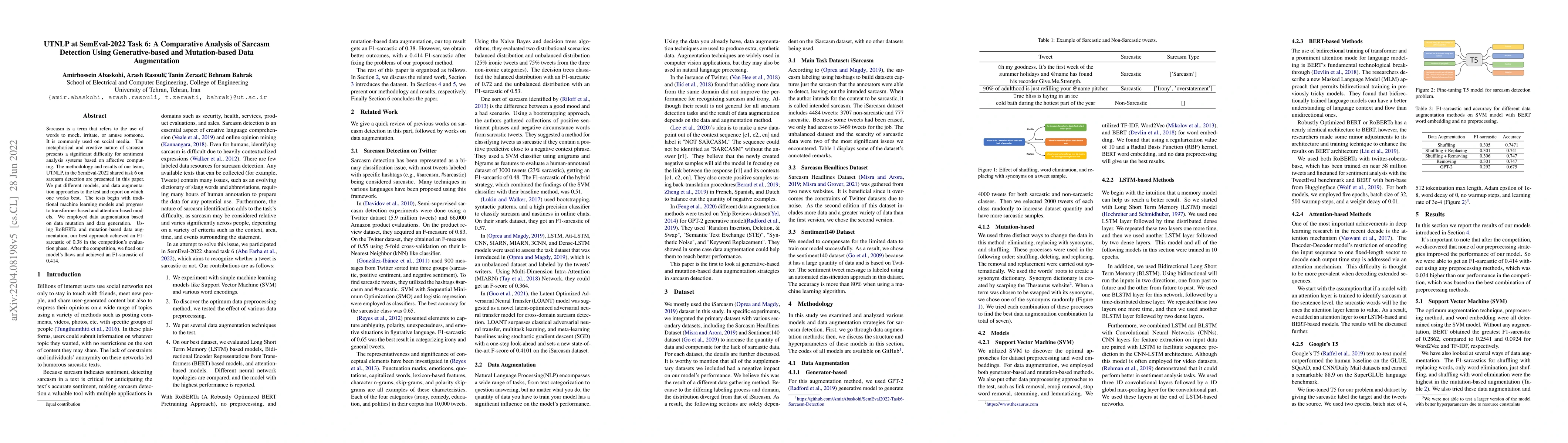 Thumbnail for UTNLP at SemEval-2022 Task 6: A Comparative Analysis of Sarcasm
  Detection Using Generative-based and Mutation-based Data Augmentation