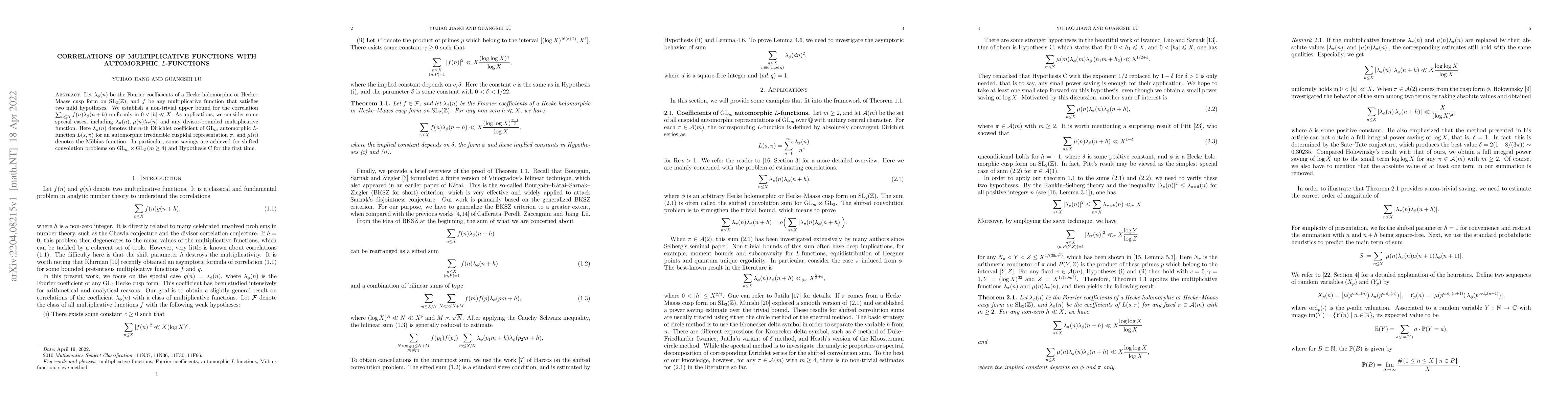 Thumbnail for Correlations of multiplicative functions with automorphic L-functions