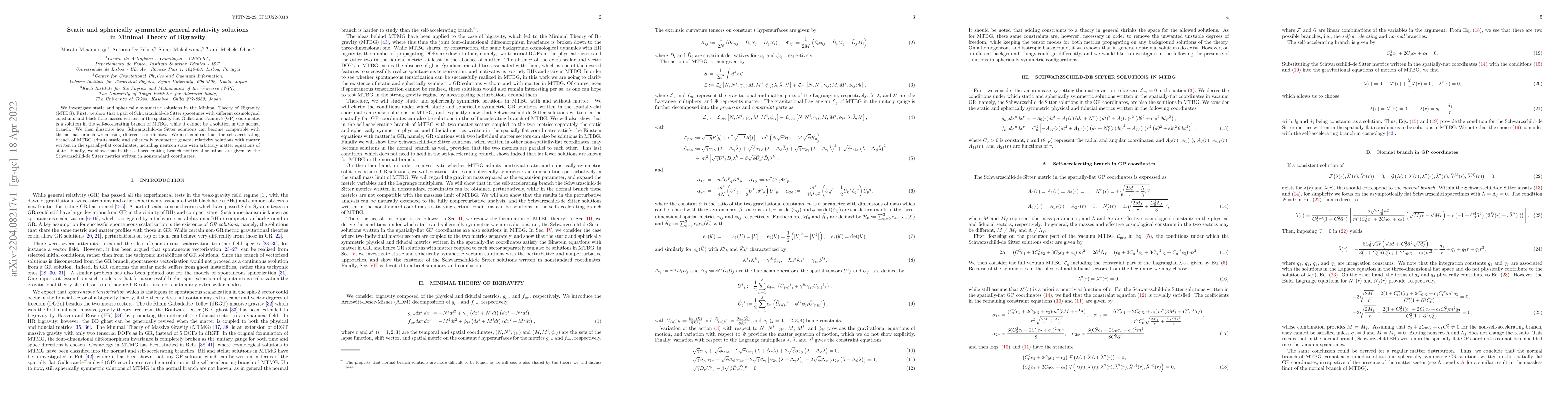 Thumbnail for Static and spherically symmetric general relativity solutions in Minimal
  Theory of Bigravity