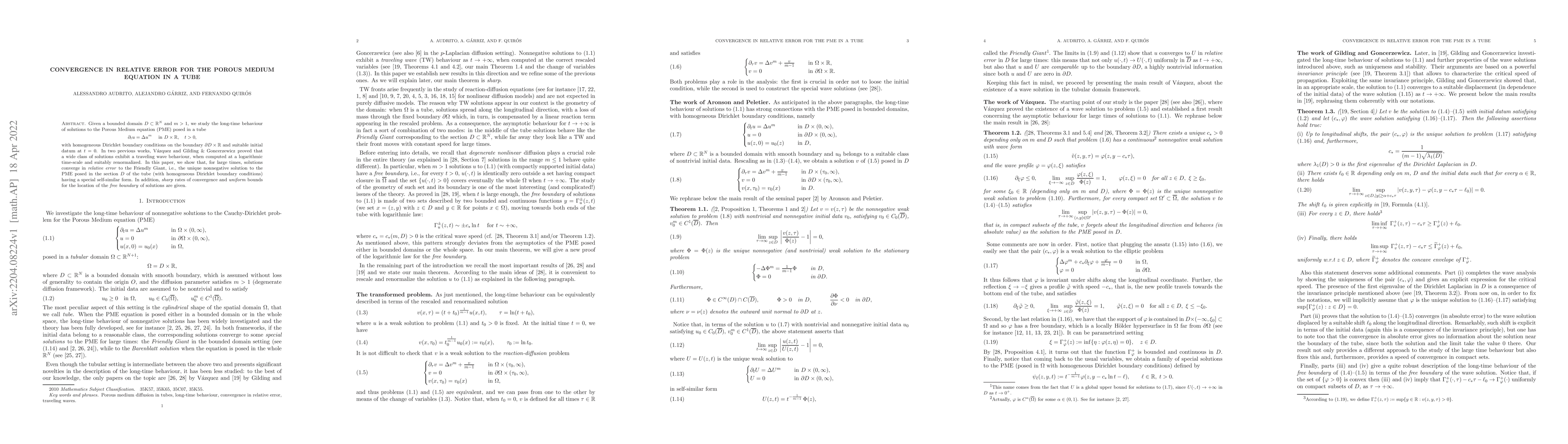 Thumbnail for Convergence in relative error for the Porous Medium equation in a tube