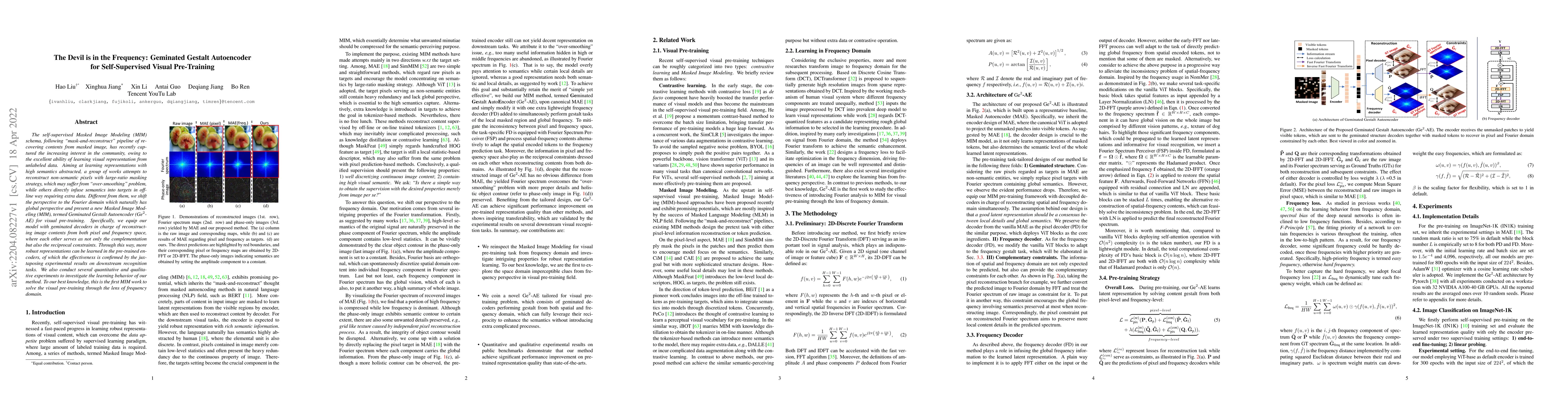 Thumbnail for The Devil is in the Frequency: Geminated Gestalt Autoencoder for
  Self-Supervised Visual Pre-Training