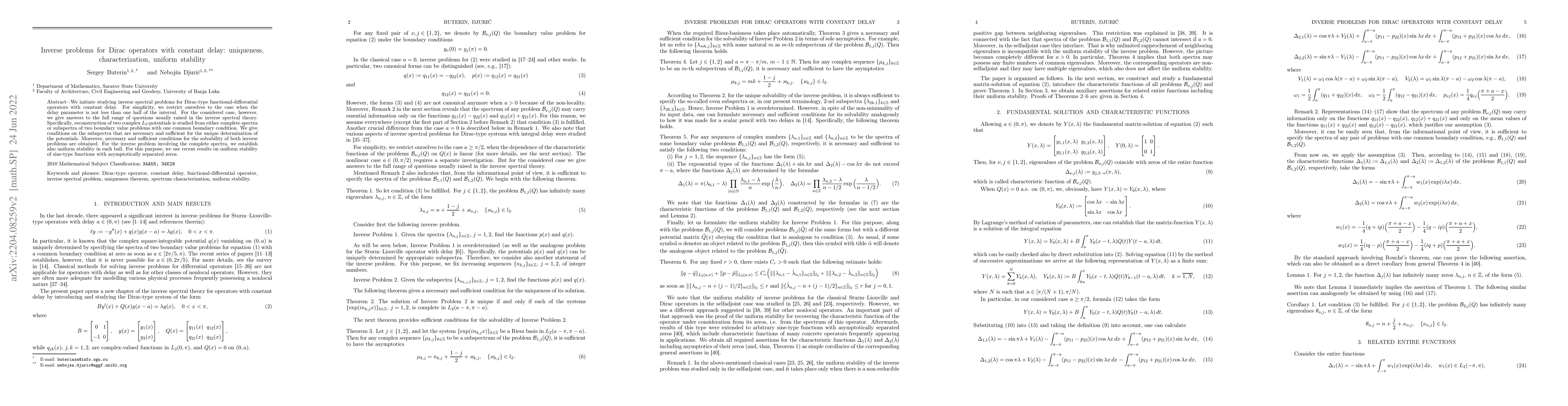 Thumbnail for Inverse problems for Dirac operators with constant delay: uniqueness,
  characterization, uniform stability