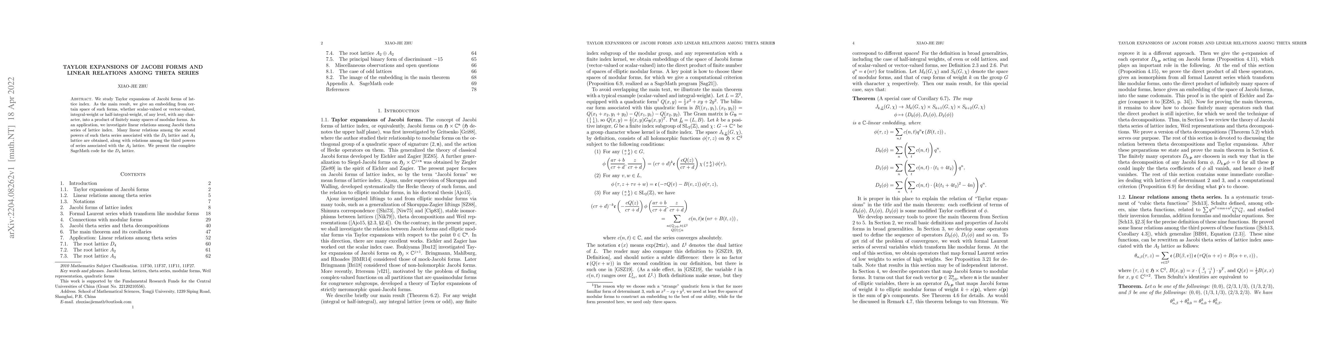 Thumbnail for Taylor expansions of Jacobi forms and linear relations among theta
  series