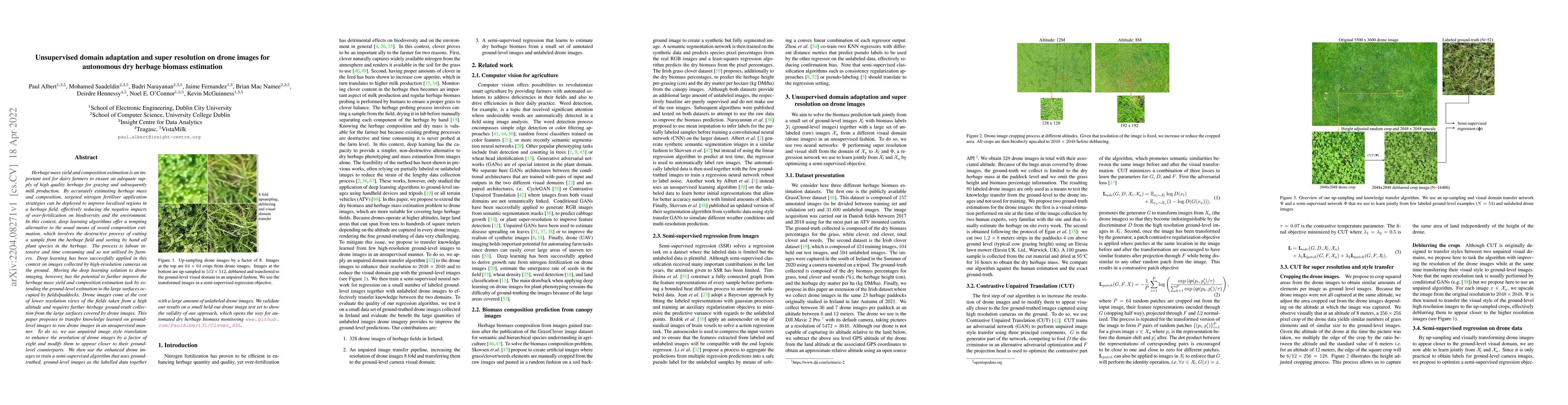 Thumbnail for Unsupervised domain adaptation and super resolution on drone images for
  autonomous dry herbage biomass estimation