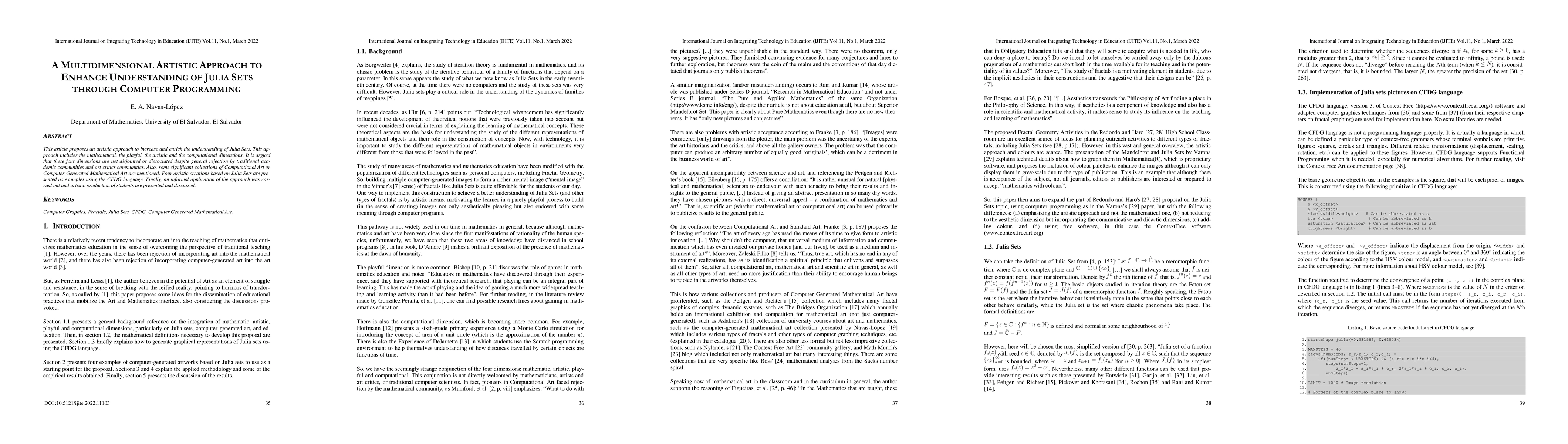 Thumbnail for A Multidimensional Artistic Approach to Enhance Understanding of Julia
  Sets through Computer Programming