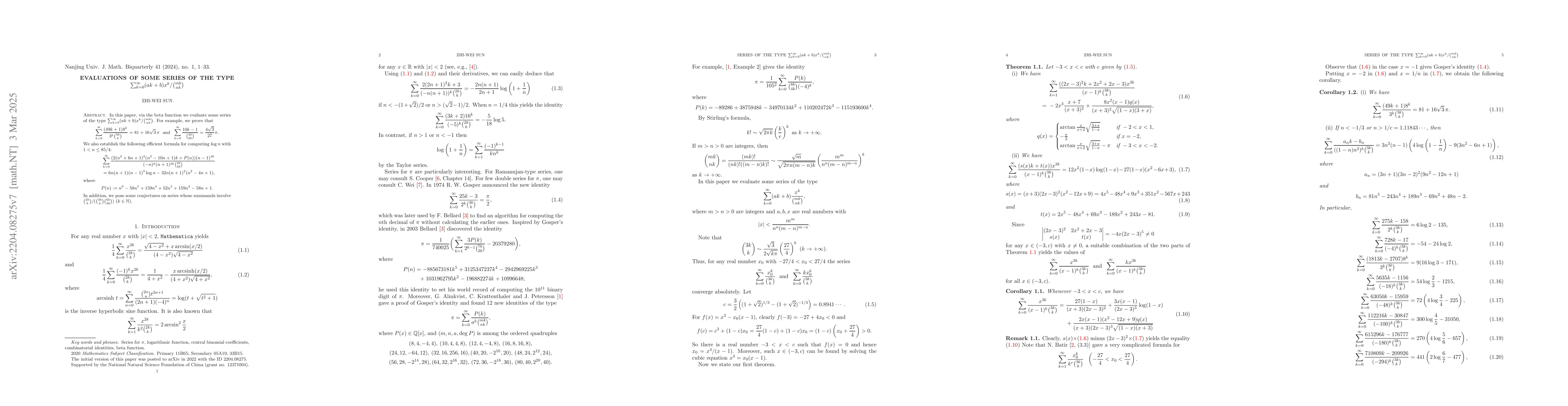 Thumbnail for Evaluations of some series of the type
  $\sum_{k=0}^\infty(ak+b)x^k/\binom{mk}{nk}$
