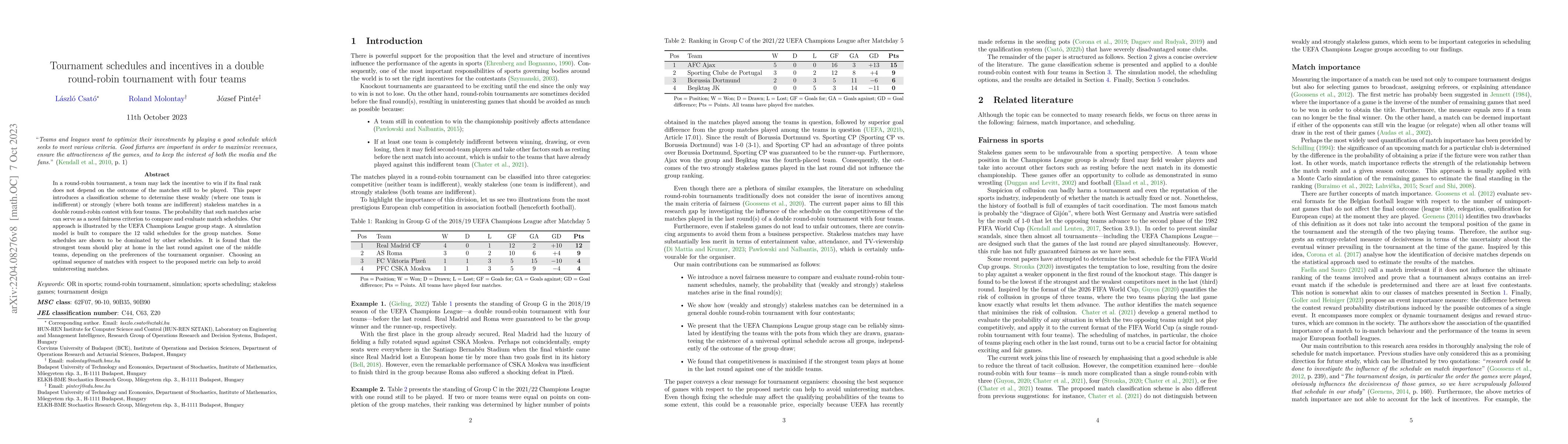 Thumbnail for Tournament schedules and incentives in a double round-robin tournament
  with four teams