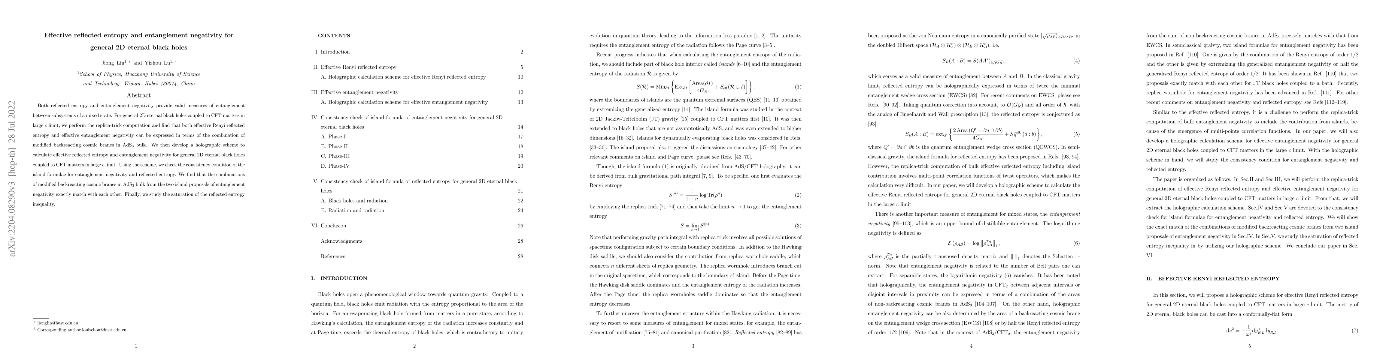 Thumbnail for Effective reflected entropy and entanglement negativity for general 2D
  eternal black holes